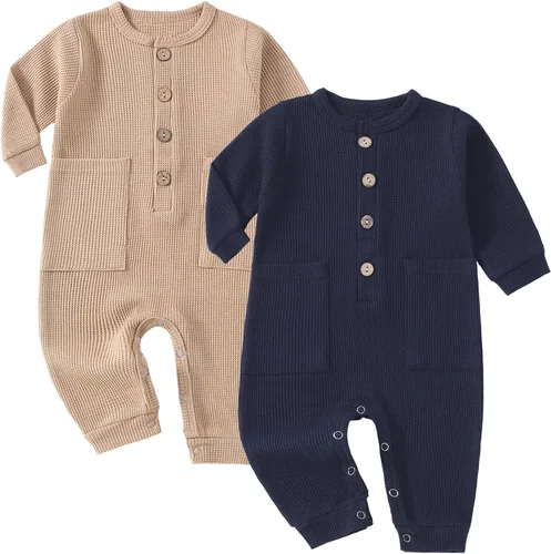 Vista 6 de Conjunto de dos piezas para bebé niño y niña, mono liso de manga larga acanalado de punto de algodón Azul y azul oscuro.