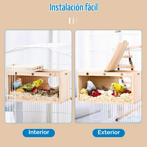 Vista 5 de BNOSDM Caja de nido de periquitos transparente con perca de madera para pájaros con jaula de cacatúas, periquitos, conure, pinzón, loro, pájaros