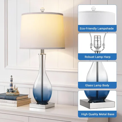Vista 13 de Juego de 2 lámparas de mesa de cristal de 27 pulgadas con puertos USB, lámparas táctiles para mesita de noche 3-Way Dimmable,E26 Base, Bulbs