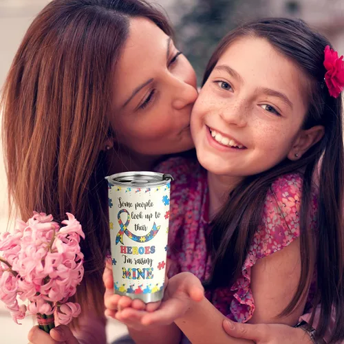 Vista 3 de Regalos para mamá autista, taza de viaje de conciencia sobre el autismo con popote para mamá, tazas de acero inoxidable para autismo de 20 onzas