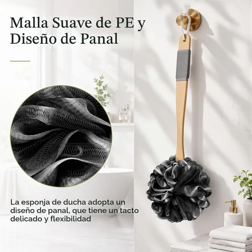 Vista 6 de AmazerBath Esponja de Ducha Loofah Exfoliante para la Espalda, Exfoliante Corporal de Malla Suave de PE con Mango Largo de Madera, Esponja de Baño