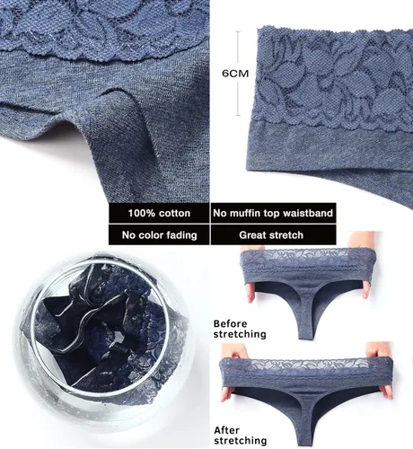 Vista 5 de Tangas de las mujeres Ropa interior de algodón sin costuras Tangas para las mujeres Encaje Trim Bragas