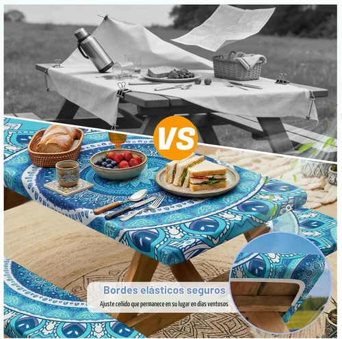 Vista 3 de Funda de mesa de picnic con fundas para bancos Esenciales de camping Mantel de picnic impermeable y a prueba de viento con bolsa de cordón, funda