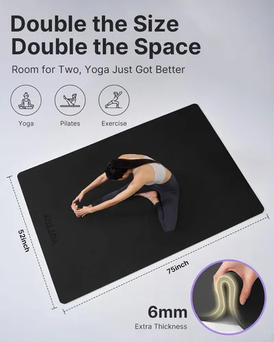 Vista 2 de YOTTOY Tapete de yoga grande (75 x 52 x 1/2 pulgadas), tapete de ejercicio TPE extra ancho, tapete de entrenamiento antideslizante para pilates