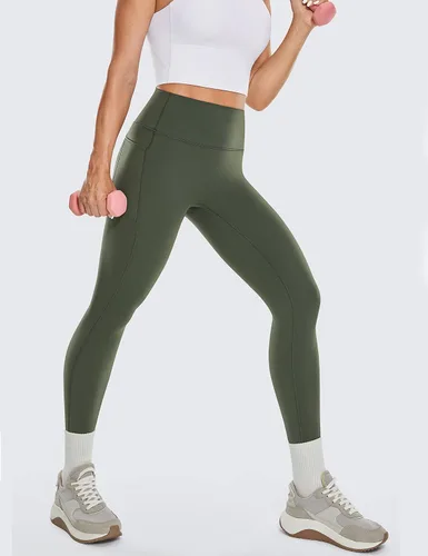 Vista 3 de Leggings Wokout de cintura alta sin costura frontal para mujer, pantalones de yoga con bolsillos, leggings suaves como la mantequilla, 25 pulgadas
