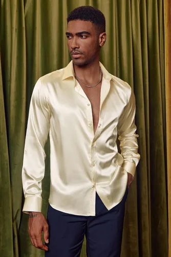 Vista 2 de PJ PAUL JONES Camisa de vestir de satén brillante para hombre, camisa de seda con botones de manga larga y pajarita