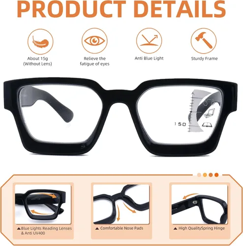 Vista 4 de Paquete de 3 gafas de lectura multifocales progresivas para mujer, retro, cuadrados, multienfoque, lentes para computadora con luz azul
