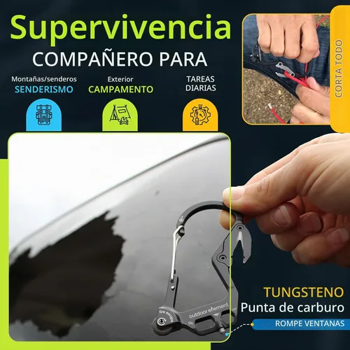 Vista 6 de OUTDOOR ELEMENT Herramienta de escape de emergencia, cortador de cinturón de seguridad, rompecristales, herramienta multiusos, encendedor, mosquetón