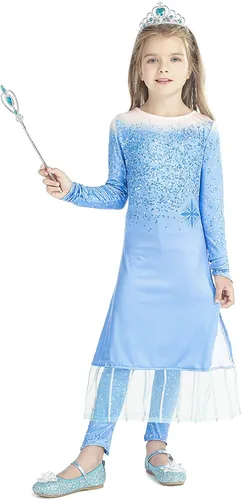 Vista 7 de Kantenia Winter Ice Queen Princess Dress Costume for Girls Snow Queen Theme Party Dress up Costumes with Accessories 3-12 Y