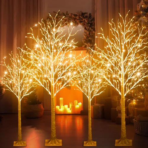 Vista 7 de Aurelema 6 piezas de árbol de abedul iluminado de 4 pies, 5 pies y 6 pies, 8 modos de Navidad, luces LED artificiales de color blanco cálido, árbol