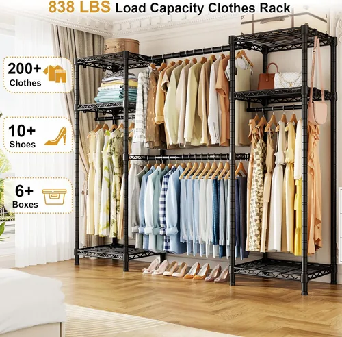 Vista 2 de Ulif E7 - Perchero para ropa, sistema de almacenamiento de ropa resistente con barras extensibles, perchero de metal con 6 estantes de alambre