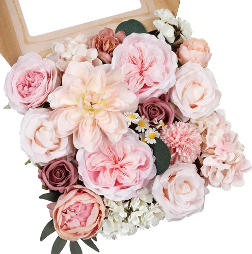 Vista 9 de AmyHomie - Juego de flores artificiales azules, mezcla de seda, peonía, rosa, hortensia, flores falsas con tallo para bricolaje, ramos de boda