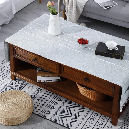 Vista 5 de Mantel rectangular de lino con borlas para mesa de café con bolsillos