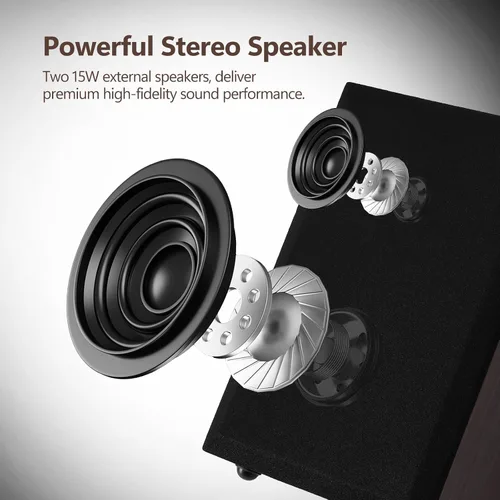 Vista 6 de Tocadiscos, tocadiscos de 3 velocidades con dos altavoces externos de 15 W, entrada Bluetooth, entrada auxiliar, reproducción USB y grabación
