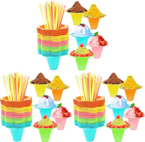 Vista 10 de ZENFUN 200 tazas de cono de nieve de flores coloridas con pajitas de cuchara (8 onzas)