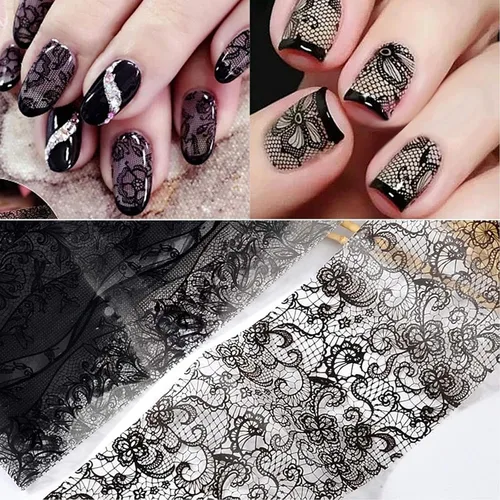 Vista 3 de 10 rollos de calcomanías holográficas retro de transferencia de láminas láser de encaje negro, suministros de arte de uñas, diseños de papel