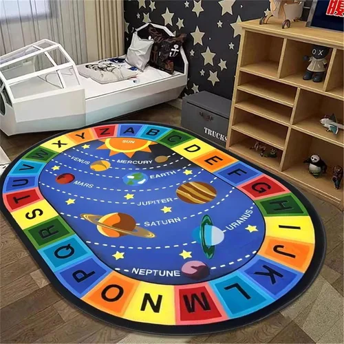 Vista 3 de Tapete de aprendizaje educativo para niños, 3 x 4 pies, tapete decorativo con diseño de planeta y alfabeto ABC, ovalado, grande, antideslizante