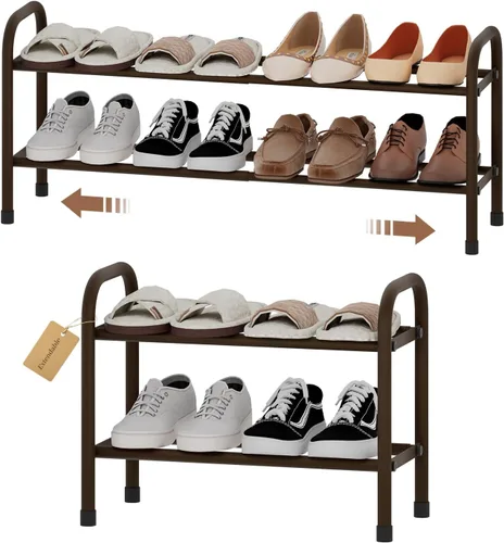 Vista 17 de Zapatero ampliable, zapatero pequeño de metal de 2 niveles, organizador de zapatos ajustable, estante de almacenamiento para armario, entrada