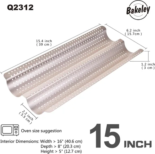 Vista 2 de Pan de baguette francés, bandeja perforada para hornear baguette de 2 panes, 14.75 x 9.45 pulgadas, sartén antiadherente ultraventilada para hornear