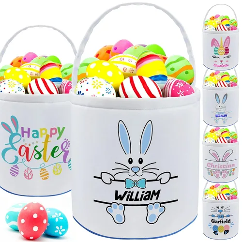 Vista 11 de Cesta de Pascua personalizada con nombre para niñas, niños y niños, cesta de Pascua personalizada bolsas de regalo para caza de huevos de Pascua