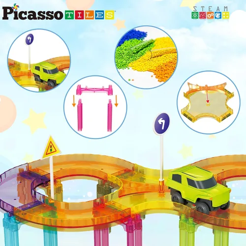 Vista 5 de PicassoTiles Pista de Carreras de Coches Magnéticos Azulejos Viaje Juguetes Sensoriales Imantados para Niños Pequeños STEM Educativo Aprendizaje