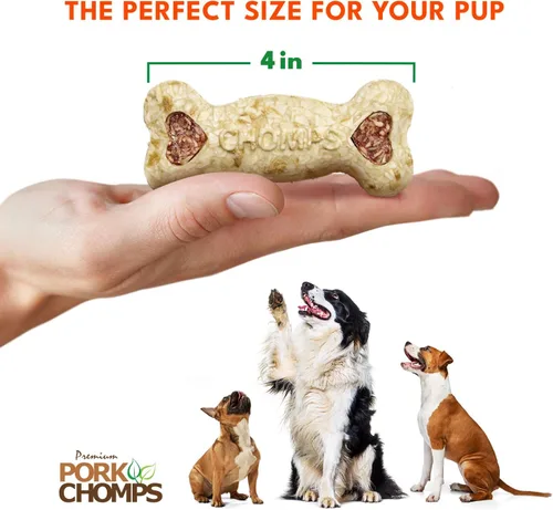 Vista 4 de Pork Chomps Masticables para perros, huesos crujientes de 4 pulgadas, sabor a tocino y pollo, 12