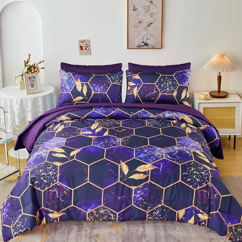 Vista 17 de ZRNBAST - Juego de edredón de nido de abeja negro de tamaño completo de 7 piezas, ropa de cama hexagonal suave y ligera, de mármol para todas