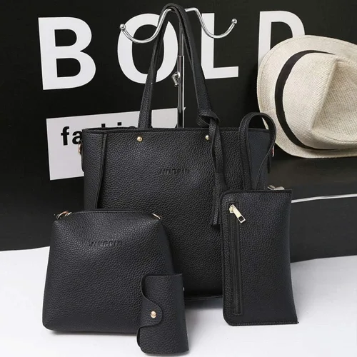 Vista 3 de Bolso negro para mujer tamaño pequeño moda 2022 4 piezas bolso de hombro Hobo para mujer bolso de mano de cuero bolso de mensajero dorado