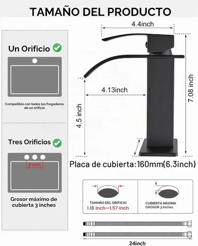 Vista 7 de Midanya Grifo de baño cascada 1 agujero, sin drenaje, negro mate