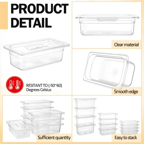 Vista 3 de Tioncy 12 sartenes transparentes de tamaño 1/3 con tapas, recipientes apilables de plástico para ensaladas, almacenamiento comercial de alimentos