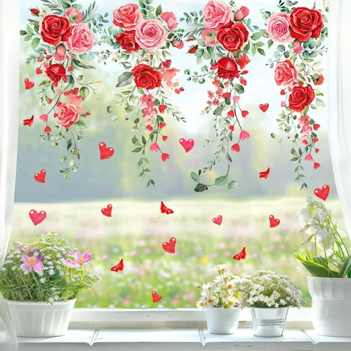 Vista 3 de Whaline 9 hojas de calcomanías florales de San Valentín para ventana, diseño de rosas de primavera, hojas de eucalipto, calcomanías de vidrio