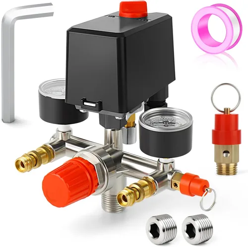 Vista 8 de MEANLIN MEASURE Válvula de control del interruptor de presión del compresor de aire 90-120 PSI 110V-240V Piezas de repuesto con manómetro de presión