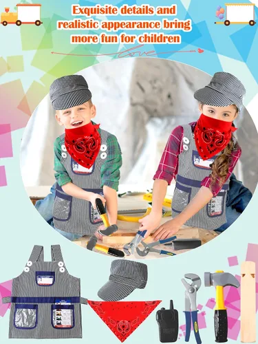 Vista 5 de Juego de 10 piezas de disfraz de conductor de tren para niños, kit de disfraz de ingeniero de tren, bandana y silbato para niños y niñas, Halloween