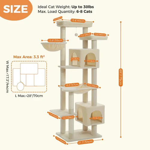 Vista 4 de PETEPELA Árbol de gato de 69 pulgadas de alto para gatos grandes de interior, torre para gatos adultos con hamaca grande, torre de árbol trepador