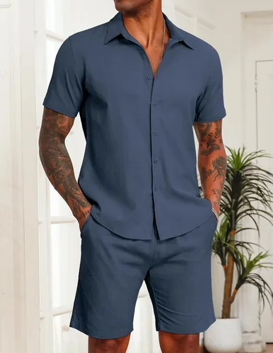 Vista 26 de COOFANDY Conjunto de 2 piezas de algodón y lino para hombre, camisas de manga corta con botones, pantalones cortos de playa de verano, trajes