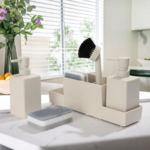 Vista 4 de Dispensador de jabón de cocina con soporte de esponja para fregadero, dispensador de jabón de manos y jabón para platos con cepillo beige mate