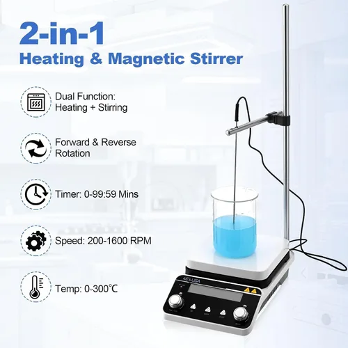 Vista 2 de 5L 6.7" Magnetic Hotplate Stirrer with Timer, PT1000 Probe & Stand