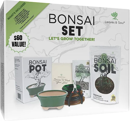 Vista 8 de Leaves and Soul Kit de bonsái - Juego de macetas de cerámica azul con mezcla de tierra, alambre de entrenamiento de 160 pies, cortador, fertilizante