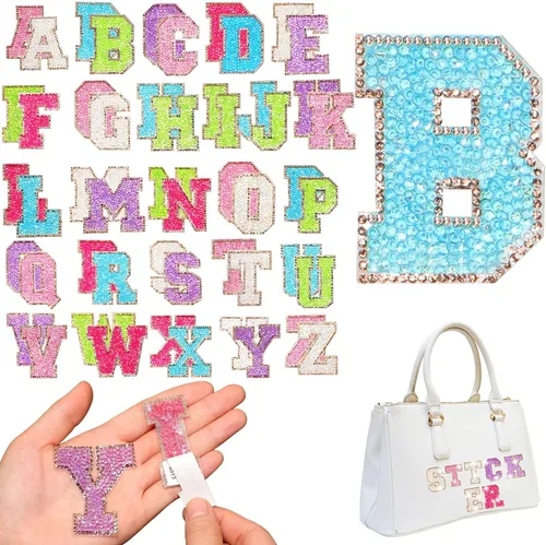 Vista 15 de Yinder 26 piezas de pegatinas de letras con purpurina y diamantes de imitación, diamantes de imitación para planchar, letras autoadhesivas A-Z Negro