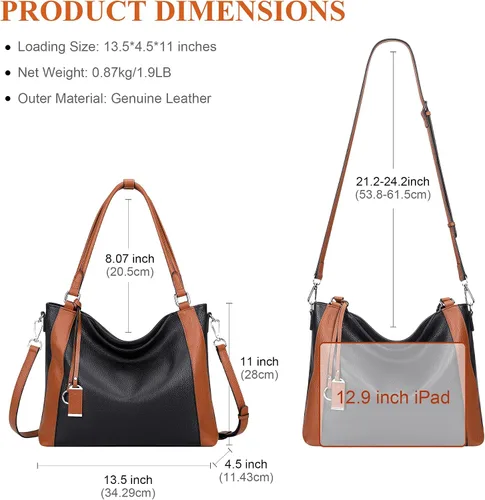 Vista 6 de Over Earth Genuine Leather Purses for Women Large Hobo Bags Lady Shoulder Handbags with Detachable Strap