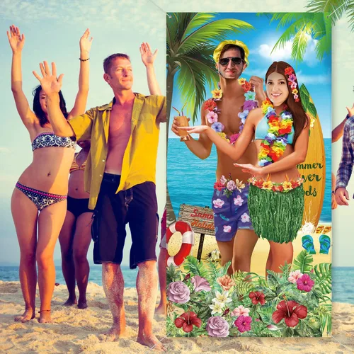 Vista 6 de Blulu Pancarta hawaiana de verano de 6 x 3 pies para fotos tropicales de Luau Tiki para parejas, decoración de fiesta hawaiana, decoración de fiesta