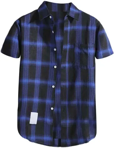 Vista 6 de Camisas de manga corta con botones para hombre, de algodón, a cuadros, ajuste regular, camisas casuales con botones y bolsillo