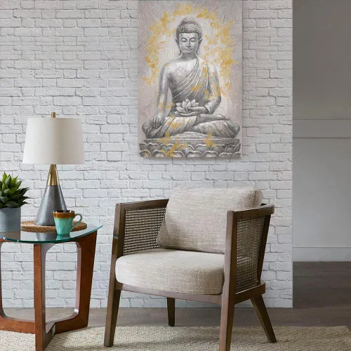 Vista 7 de Yidepot Lienzo decorativo de Buda para pared, lámina dorada: estatua zen con textura de flor de loto para budismo, decoración de pared, carteles