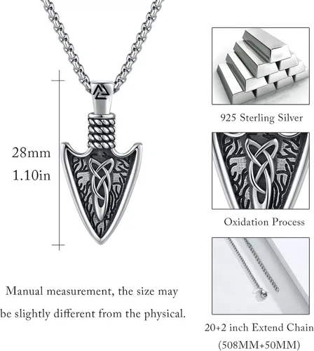 Vista 6 de CUOKA MIRACLE Collar vikingo de punta de flecha de plata de ley 25 para hombre, collar vikingo de punta de lanza con nudo celta y flecha