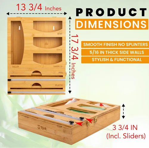 Vista 2 de T3-R Organizador de envoltura de bambú, dispensador 6 en 1 con cortador para bolsas de sándwich, papel de aluminio, papel encerado y envoltura