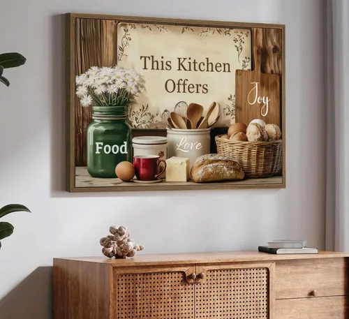 Vista 5 de Arte de pared de cocina campestre, naturaleza muerta en lienzo, estilo rústico vintage, granja. Esta cocina ofrece amor y alegría por la comida.