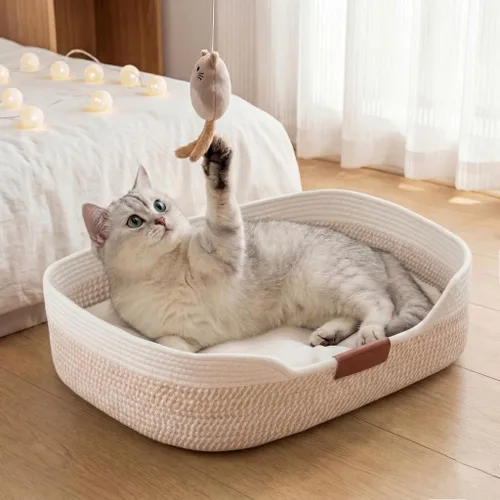 Vista 10 de YOUDENOVA Stimulicat - Cama tejida a mano para gatos con cojín Marrón y blanco