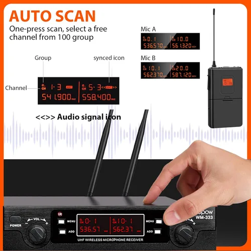 Vista 5 de innopow Micrófono de solapa inalámbrico de 200 canales, sistema de micrófono Lavalier inalámbrico UHF dual, escaneo automático, largo alcance de 200