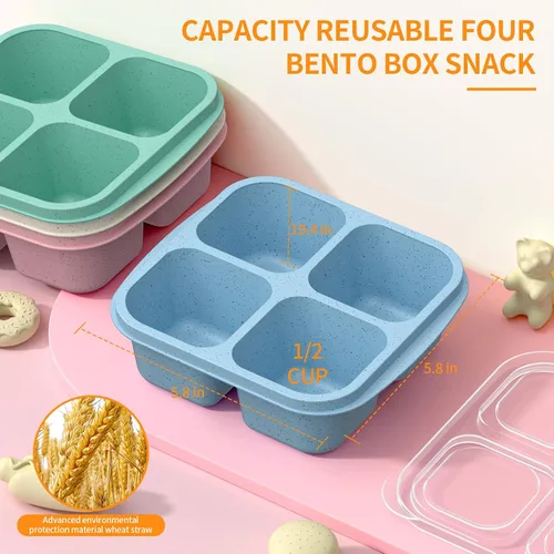 Vista 3 de Cajas Bento para Aperitivos (Paquete de 4) - Contenedores Reutilizables de 4 Compartimentos para Preparación de Comida para Niños y Adultos