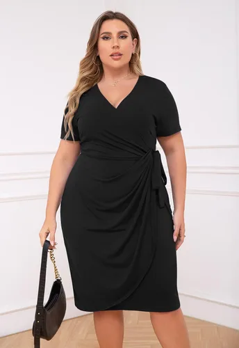 Vista 2 de Nemidor NEM303 - Vestido cruzado fruncido de talla grande para mujer, plisado, entallado, a media pierna, casual, vestido de trabajo para fiesta
